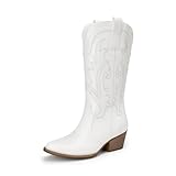 DREAM PAIRS Women's Cowboy Cowgirl Boots Embroidered Pointed Toe Low Heel Western Mid Calf Boot for Theme Party Country Concert,Size 8.5,White,DWUMMB2503