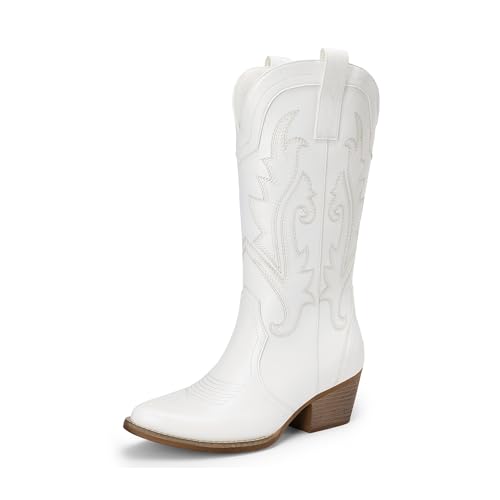 Image of DREAM PAIRS Women's Cowboy Cowgirl Western Boots | Embroidered Pointed Toe Low Heel Western Mid Calf Boots for Theme Party Country Concert