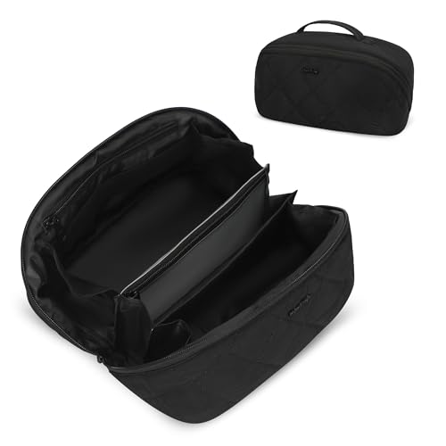 Hynes Eagle Travel Makeup Bag for Women Puffy Cosmetic Organizer Pouch Open Flat Toiletry Bag for Toiletries, Brushes Black