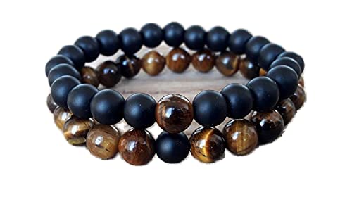 Bracelet distance couple en œil de tigre véritable et onyx noir