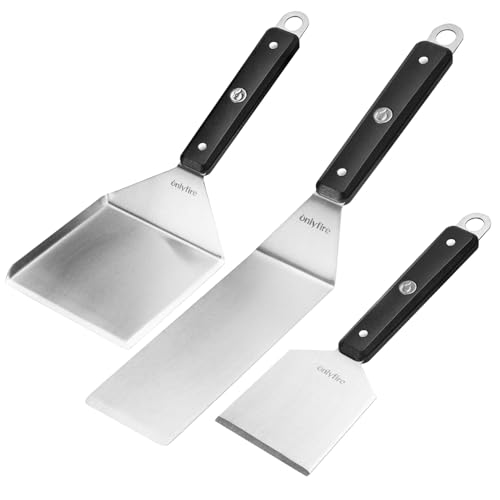 Onlyfire Set de 3 Spatules pour BBQ Plancha en Acier Inoxydable - Comprend Grande Spatule à Rebords, Spatule Longue et Spatule Grattoir - Accessoires pour...