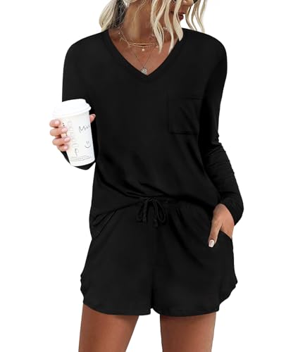DB MOON Womens Long Sleeve Lounge Set 2 Piece Cute Short Pajamas Sets With Pockets Sleep Wear