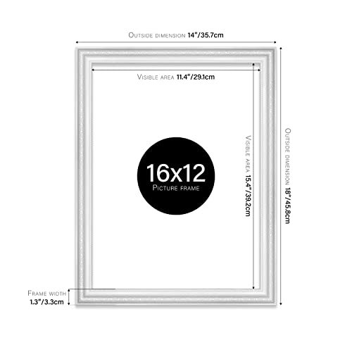 Almost Frameless 16x12 White Ornate Picture Frame 16"x12"(40.6x30.5cm) Poster, Photo, Artwork, or Print. Elegant Style Portrait and Landscape Display with Wall Hooks