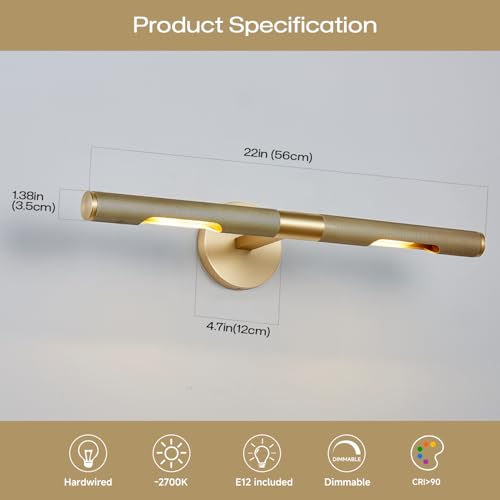 Image of 22 inch L Picture Light Dimmable Vanity Bathroom Light Rotatable 360 Wall Sconce Lights for Pictures Art Gallery Painting Frame,Include Bulbs,Brass 22 inch L x 1.38 inch D