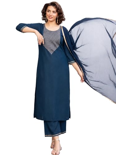 Image of ANNI Designer Women's Ruby Cotton Embroidered Straight Solid Kurta with Palazzo and Dupatta Set | Elegant Ethnic Kurta Set for Women | Comfortable Traditional for Office, Daily and Festive Use