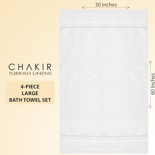 Chakir Turkish Linens 100% Cotton Premium Turkish Towels for Bathroom | 30\'\' x 60\'\' Large Bath Towels (4 Piece, White)