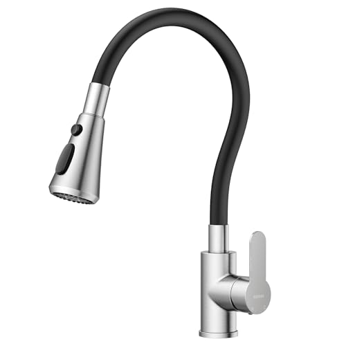 Hurran Robinet de Cuisine Avec 3 Modes de Pulvérisation, Robinet Cuisine Pivotant À 360° avec Tuyau en Silicone, Mitigeur en Acier Inoxydable, Nickel Brossé