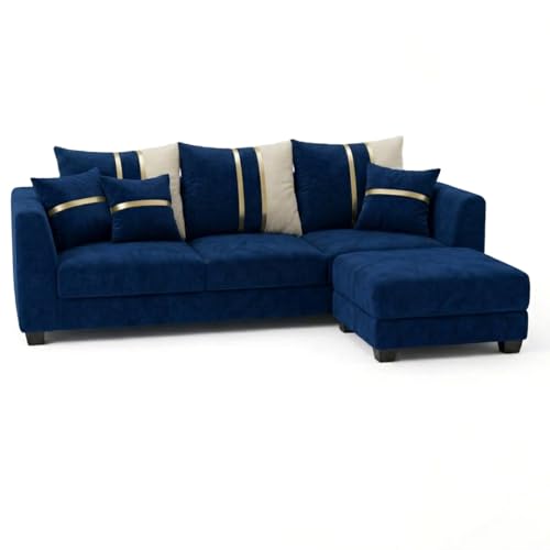 Image of Vero 4 Seater L Shape Sofa Set with Movable Ottoman | Flexible Left or Right Layout | Luxury Velvet Suede Fabric | Modern Living Room Sofa | Dark Blue