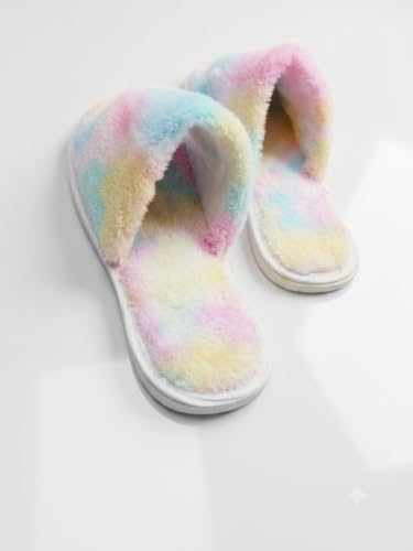 Image of LUXORIA & CO. Faux Fur House Slippers for Men & Women | Ultra Soft Plush Bedroom Indoor Slippers | Anti-Slip Lightweight Cozy Home Footwear | Rainbow Tie Dye