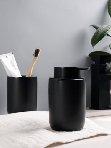 Image of Bosilunlife Soap Dispenser and Toothbrush Holder Set - Dish Hand Soap Dispenser Bathroom Set Ceramic Bathroom Counter Soap Toothbrush Holder Set Black Bathroom Accessories Set