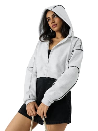 Sweat à capuche court style drop shoulder en coton gris solide pour femme