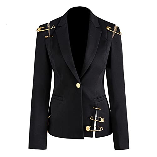 Loose Fit Black Hollow Out Pin Spliced Jacket Blazers New Lapel Long Sleeve Women Coat2