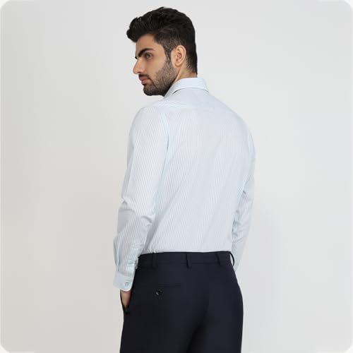 Image of Raymond Men Slim Fit Stripe Pattern Pure Cotton Semi Cutaway Collar Full Sleeve Formal Shirt