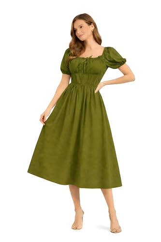 Image of BOOSTY Women's Puff Sleeve Smocked Midi Dress, Square Neck A-Line Dress