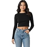Women’s Long Sleeve Crop Top Round Neck Slim Fit Basic Shirt – Stretchy Casual Cropped Tee for Yoga, Gym, Streetwear & Everyday Wear UK 8-14 Black
