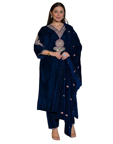 Skylee Women's Velvet Embroidered Straight Kurta with Pant & Dupatta (351KBD4650C-XL_Blue)
