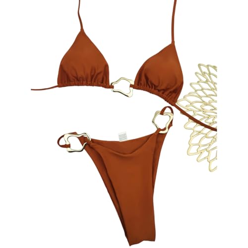 Fryloo bañador Conjunto De Bikini Triángulo Blanco Las Mujeres, Oro Flor Hebilla Acento, Correa Ajustable Traje Baño para Vacaciones Verano En La Piscina Playa-c3695-s