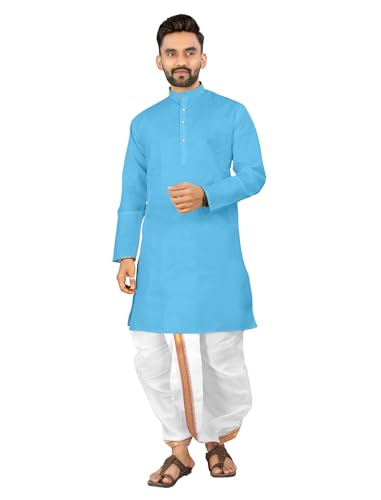 Image of UNIQUE MOMENTS Men's Cotton Dhoti Kurta Set with Full Sleeves Solid Pattern Modern Style and Mandarin Collar Neck | Perfect for Puja & Celebrations
