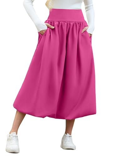 Women's Bubble Long Skirt Elastic Waist A-Line Pleated Ruffle Flowy Balloon Maxi Skirts with Pockets