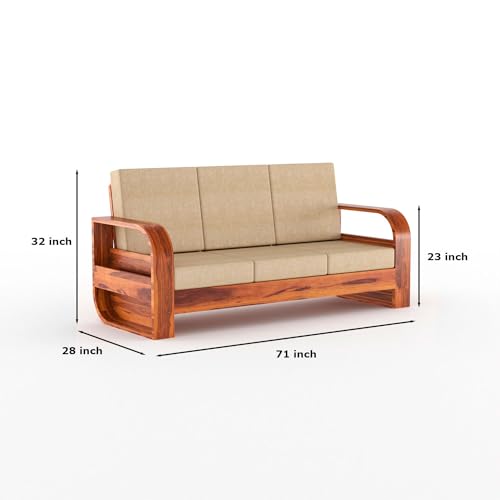 Image of Sheesham Wood 3 Seater Sofa Set with 40 Density Cushion for Living Room Home Office Solid Wood Sofa Set Furniture Wooden Three Seater Sofa Set (Natural,Cream)