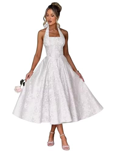 Midi Wedding Dresses For Bride Floral Satin Jacquard A Line Halter Tea Length Prom Formal Gowns With Pockets Bow White Us24W Plus Size #TOP17