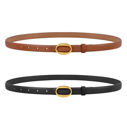JASGOOD 2 Pack Women Leather Skinny Belt, Ladies Thin PU Leather with Alloy Buckle for Jeans Pants Dresses