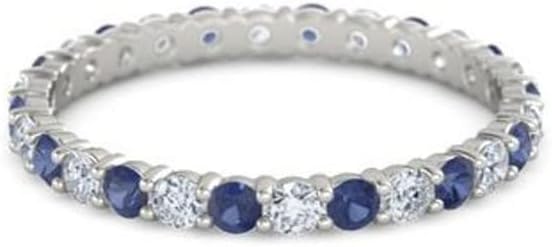 925 Sterling Silver Full Eternity Blue Sapphire With White Cz Round 2.50 MM Women Stacking Ring