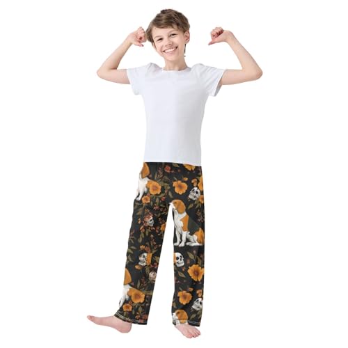 ZZXXB Beagle Skull Flower Boys Long Pants Soft Trousers Elastic Waist Kids Lounge Bottoms with Pockets S-XL3