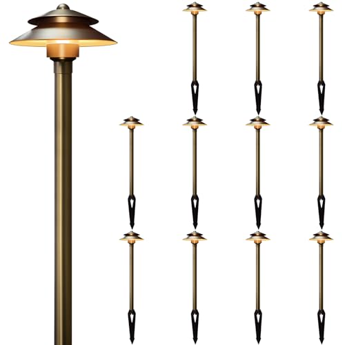 Gardencoin Solid Brass Low Voltage Landscape Pathway Lights (6'' Shade, 19'' Tall), 12V LED Heavy Duty Path Lighting Outdoor Wired, Waterproof Antique Bronze Walkway Light Without G4 Bulb,12 Pack