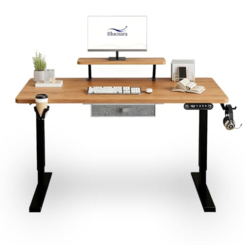 Bluenara – Escritorio eléctrico de altura regulable con pantalla LED y soporte para monitor, escritorio de pie de 140 x 76 cm – Mesa de altura ajustable para oficina en casa, aspecto de madera antigua