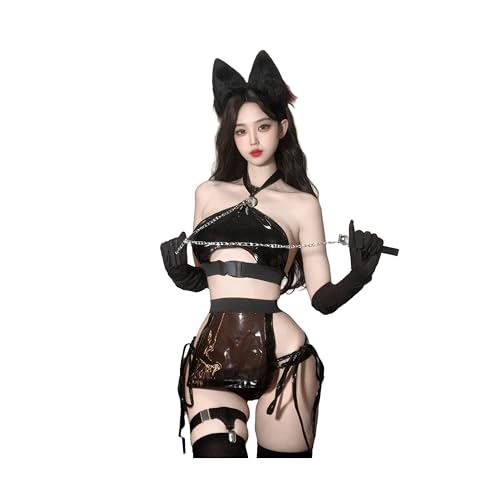 bycxjyg Sexy little wild cat cosplay cat girl explosive leather dress passion tease two yuan uniform temptation Black