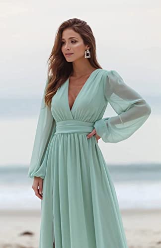 Verngo Long Sleeves Bridesmaid Dresses With Slit For Women 2022 Chiffon V-Neck A-Line Pleated Formal Gown Evening Gowns,Champagne Us4 #TOP2