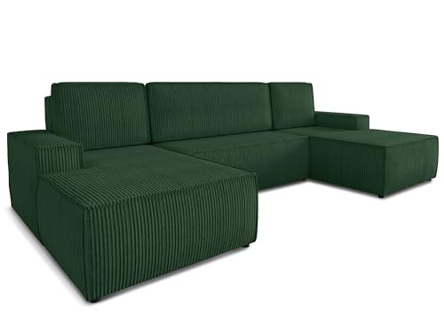 Sofnet Wohnlandschaft mit Schlaffunktion Totti - U-Form Couch, Schlafsofa mit Bettkasten, Couchgranitur mit Bettfunktion, Big Sofa, Cord Stoff, Wohnzimmer (Grün (Poso 014))
