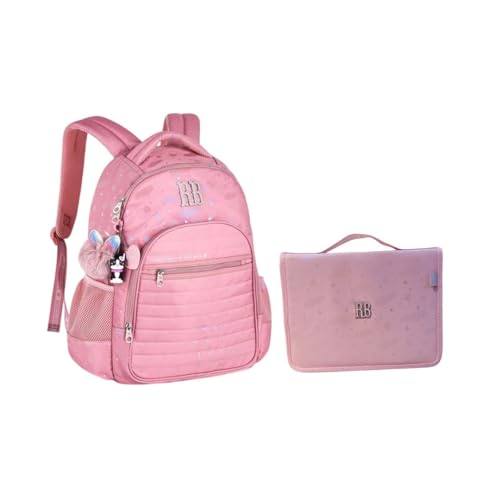 Kit Mochila de Costas e Estojo Fichário Rebecca Bonbon Escolar com Estampa Holográfica RB24588 RB24667 (Rosa)