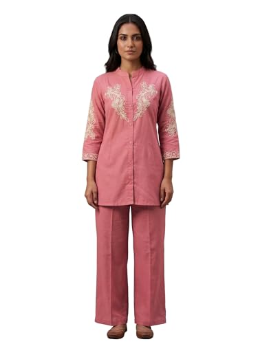 ladyline Womens Pure Cotton Flex Tunic Palazzo Co-Ord Set | Embroidered Band Collar Top with Pants | Festive Short Kurti Set CETP RTGL (38/ Peach)