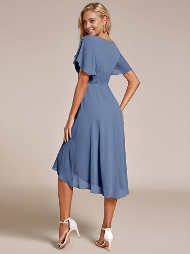 Alisa Pan EG02053DN08-AS Alisapan Women'S Chiffon Round Neck Short Sleeves Ruched Pleated A-Line Midi Formal Wedding Guest Dresses Dusty Navy 08 thumb #1