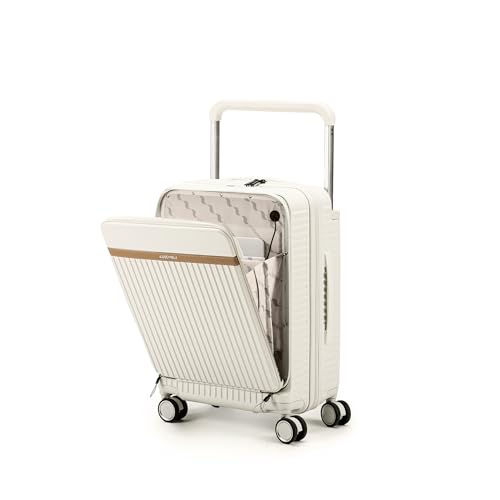 Image of Assembly Cabin Suitcase with External Laptop Pocket up to 15.6'' & 8 Spinner Wheels, Premium Polycarbonate Hard Shell Carry On Luggage for Adventure Travel, White, 20-Inch