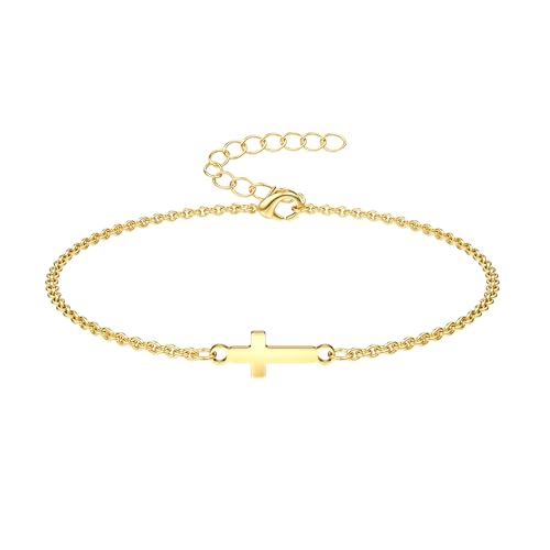 Dochais Bracelet Femme Or/Argent, Bracelets en Or Plaqué 14K, Réglable Chaîne Doré Croix pour Filles Femmes