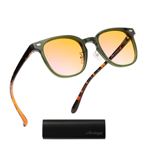 AMBEYE Gaming Glasses for Men Women 99% Blue Light Blocking Anti Fatigue & Glare Orange Lens TR90 Square Frame for Computer Use (Green & Tortoiseshell)