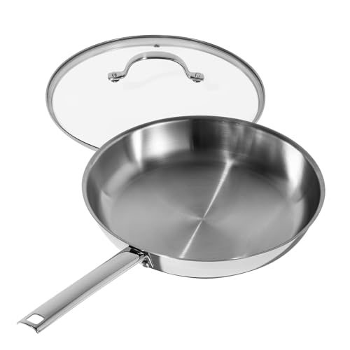 DELUXE Stainless Steel Pan, 11 Inches Oil Gather Pro Skillet with Lid and 3-ply Heavy Bottom, PFOA Free Frying Pot with Stay-cool Handle Cooking In All Induction Gas Stove Oven Dishwasher Safe