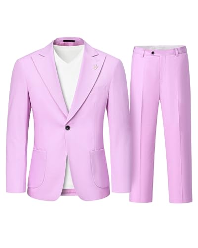 MrSure 2-Piece Mens Linen Suit, Slim Fit Blazer Pants Suit Set for Casual Beach Wedding Summer Groomsmen