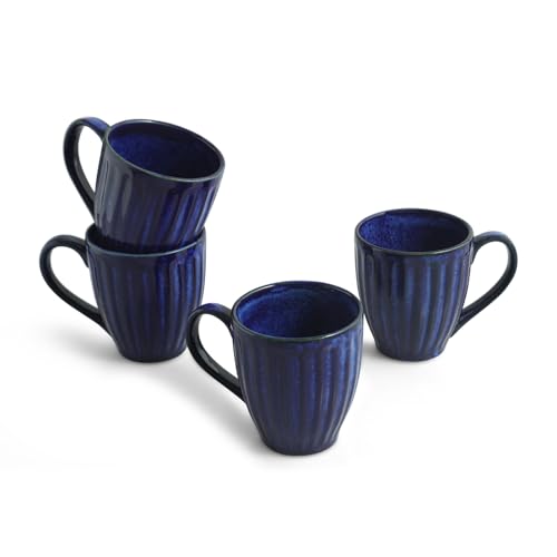 Image of ExclusiveLane 'Midnight Ribbed' Hand-Embossed Ceramic Coffee Mug Ceramic Mugs for Milk Chai Tea Cup (Set of 4, 260 ML, Microwave Safe)