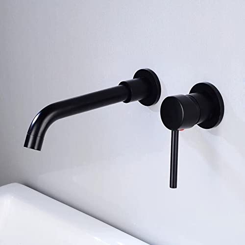 壁埋め込み式洗面台用蛇口 真鍮製 ブラック/シルバー 隠し設置 シングルレバー 浴室用温水・冷水蛇口 回転式吐水口 ミキサー シンクタップ(Black)
