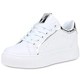 SCARPE VITA Damen Plateau Sneaker Leder-Optik Plateauschuhe Schnürer Metallic Schuhe Lack Freizeit Turnschuhe 191411 Weiss Silber Metallic 39