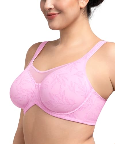 Image of HSIA Minimizer Bras for Women Plus Size, Full Coverage Coolcomfort T Shirt Unlined Bra with Underwire for Heavy Breast, Blush Pink Leaf Print 34D
