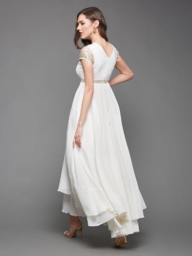 Image of Miss Chase Women's Round Neck Sleeve Embellished Fit Flare Maxi Dress