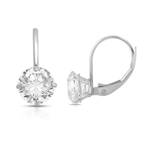 Jewelili 10k White Gold 6mm White Round Cubic Zirconia Leverback Earrings