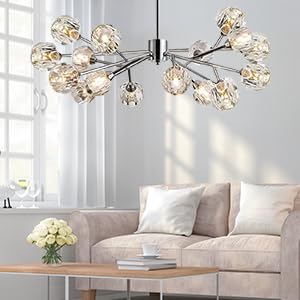 Modern 18 Lights Sputnik Chandelier Chrome Crystal Globe Pendant Lighting Mid Century Ceiling Lights Fixture with G9 Bulbs for Dining Room Bedroom Living Room