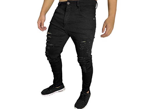 Calça Masculina Jeans Sarja Skinny Slim Rasgada Tamanho:44;Cor:Preto