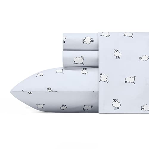 Image of Poppy & Fritz - Queen Size Sheet Set, 100% Long-Staple Percale Cotton Bedding, Crisp & Cool, Deep Pockets, Bed Sheets with Matching Fitted Sheet & Pillowcases (Sheep Light Blue)